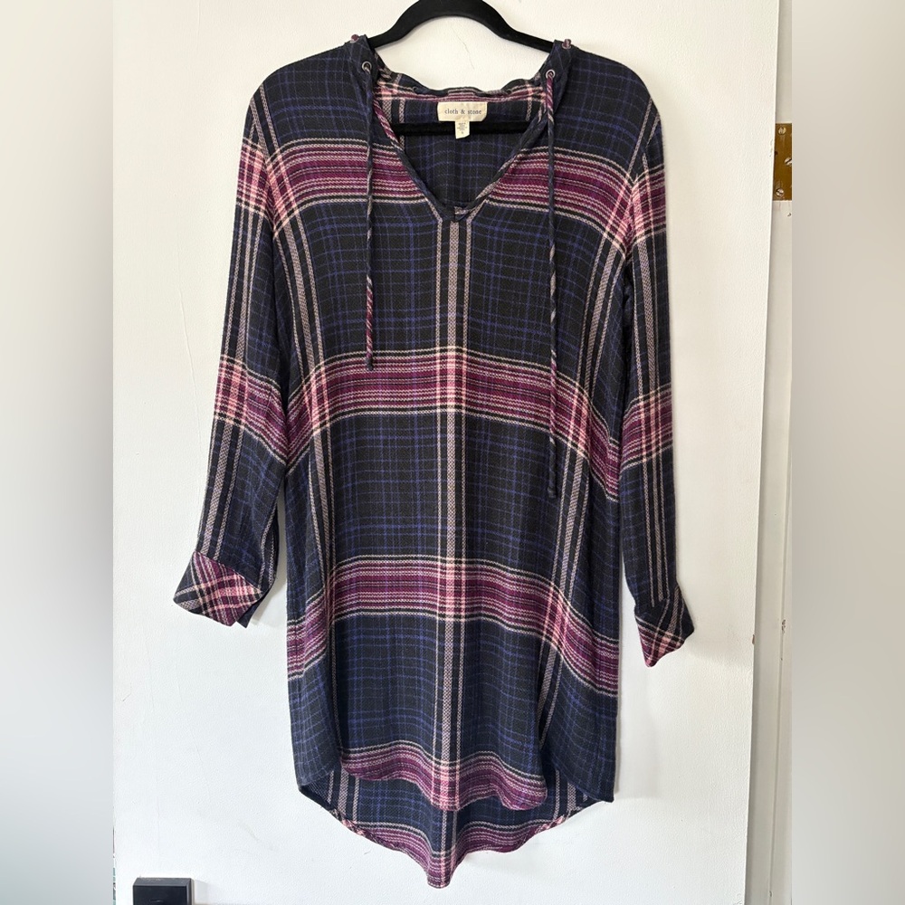 Anthropologie Cloth & Stone Plaid Tunic Shirt Dress‎ Small Blue Cabincore Casual